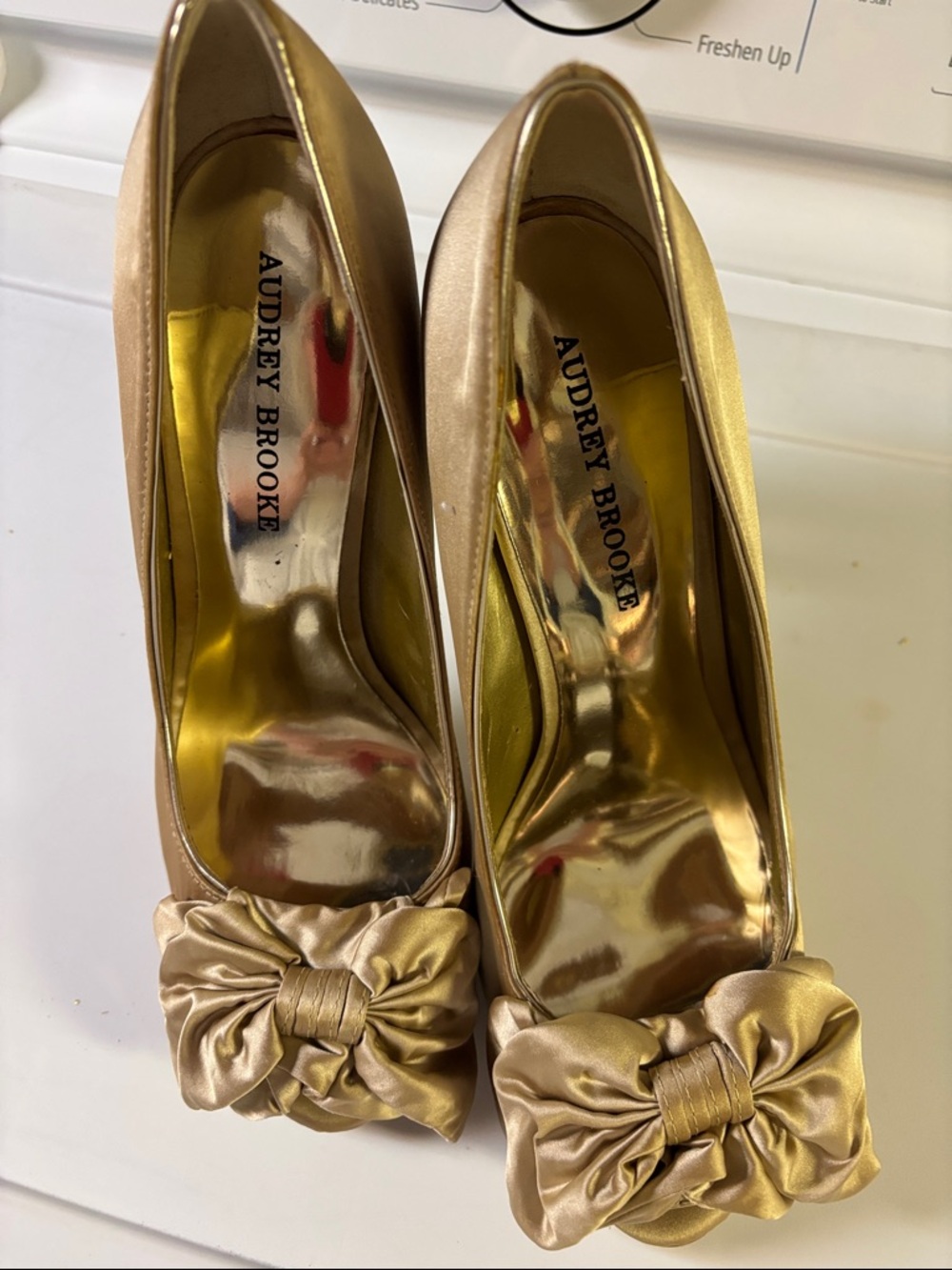 Audrey Brooke Gold Satin Bow Peep-Toe Heels